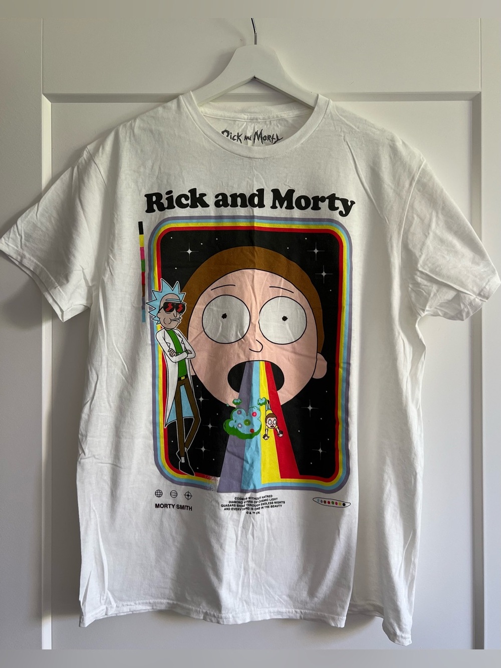 Rick and Morty White Graphic Tee with Rainbow Print